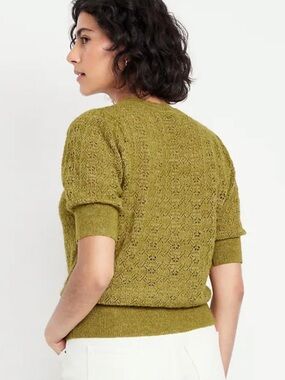 Marled Olive-Green Open-Knit Puff Sleeve Sweater